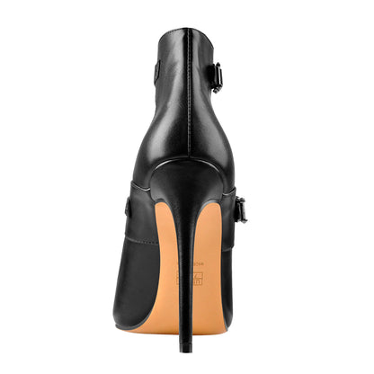 Black Matte Pointed Toe Double Buckle Straps Stiletto Pumps