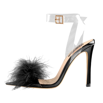 Black Feather High Heel Clear Strap Stilettos Sandals