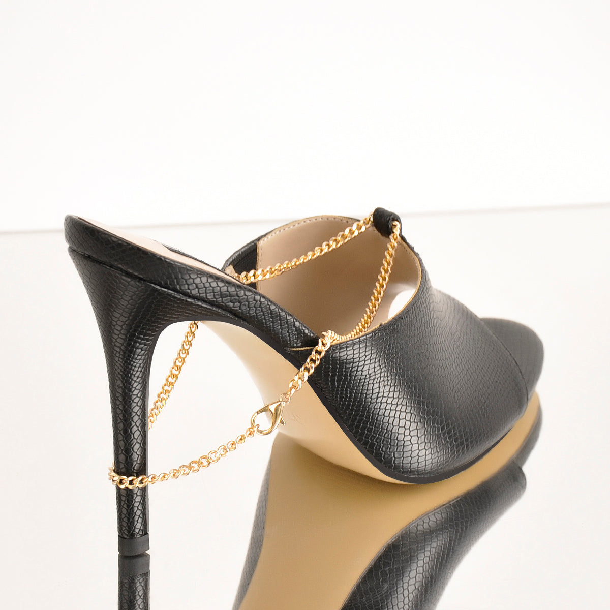 Black Snake Golden Chain Open Toe Sandals Mules