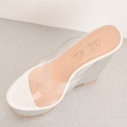 Platform Criss Cross Transparent Strap Slip On Glitter High Heels Wedge Sandals Mules