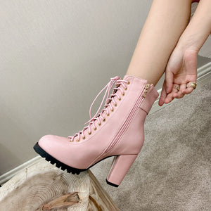Chic in Pink: Sassy Lace-Up Ankle Boots with Belt Buckle for Feminine Flair - Sissy Panty Shop