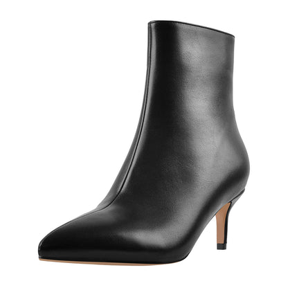 Black Pointed Toe Zipper Kitten Heel Boots