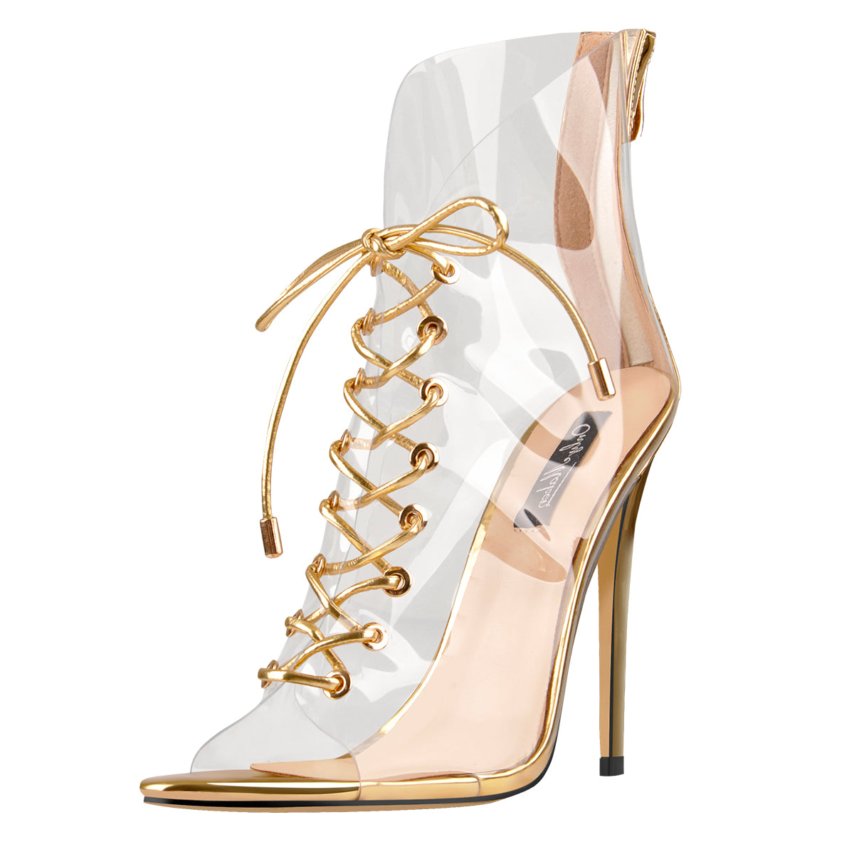 Open Toe Golden Lace up Transparent Zip Ankle Sandals Boots