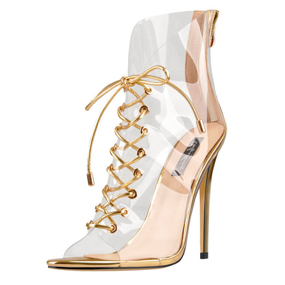 Open Toe Golden Lace up Transparent Zip Ankle Sandals Boots