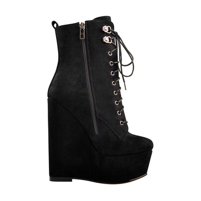 Black Suede Lace Up Platform Wedges Ankle Boots