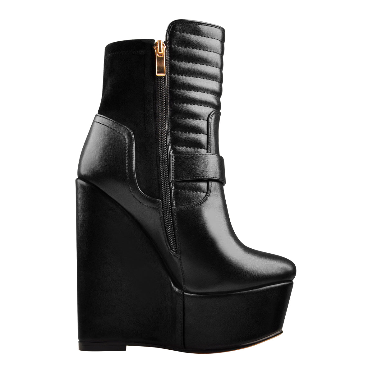 Platform Zipper Metal Buckle Strap Round Toe Wedge Heel Ankle Boots