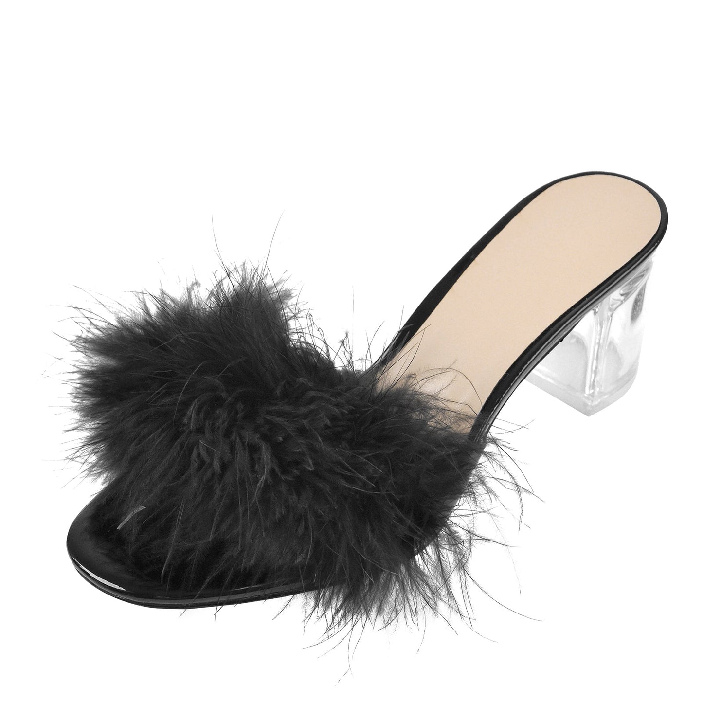 Black Feather Clear Heel Sandals