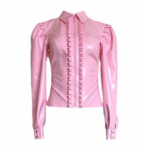 Sissify Your Style with Elegance - Faux Latex Long Sleeve Frilly Blouse - Sissy Panty Shop