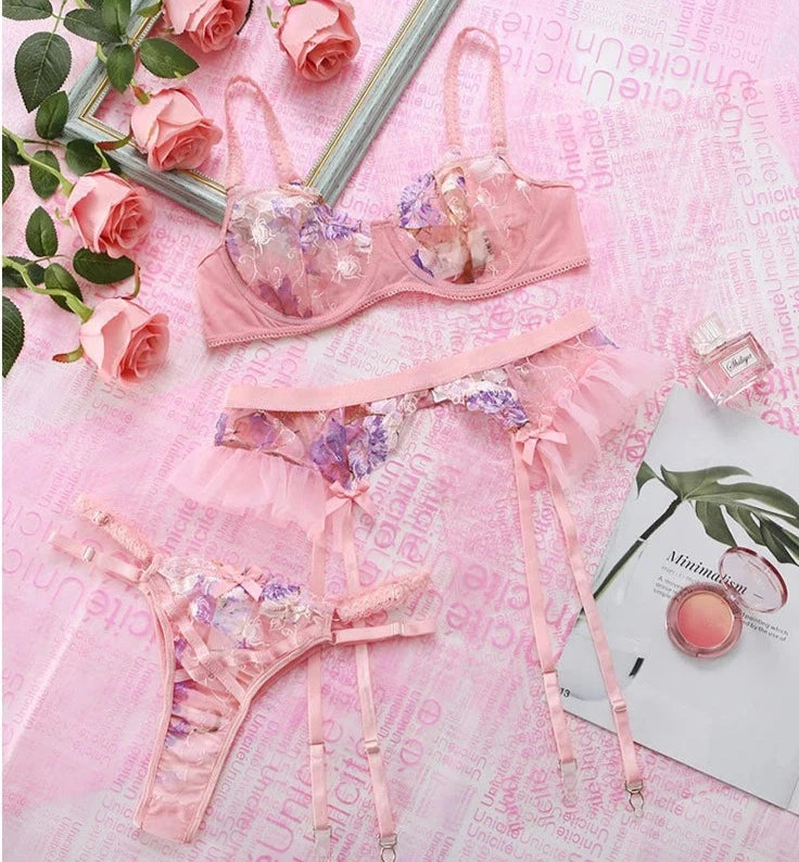 Pink Ruffles Transparent 3-Piece Lingeri Set