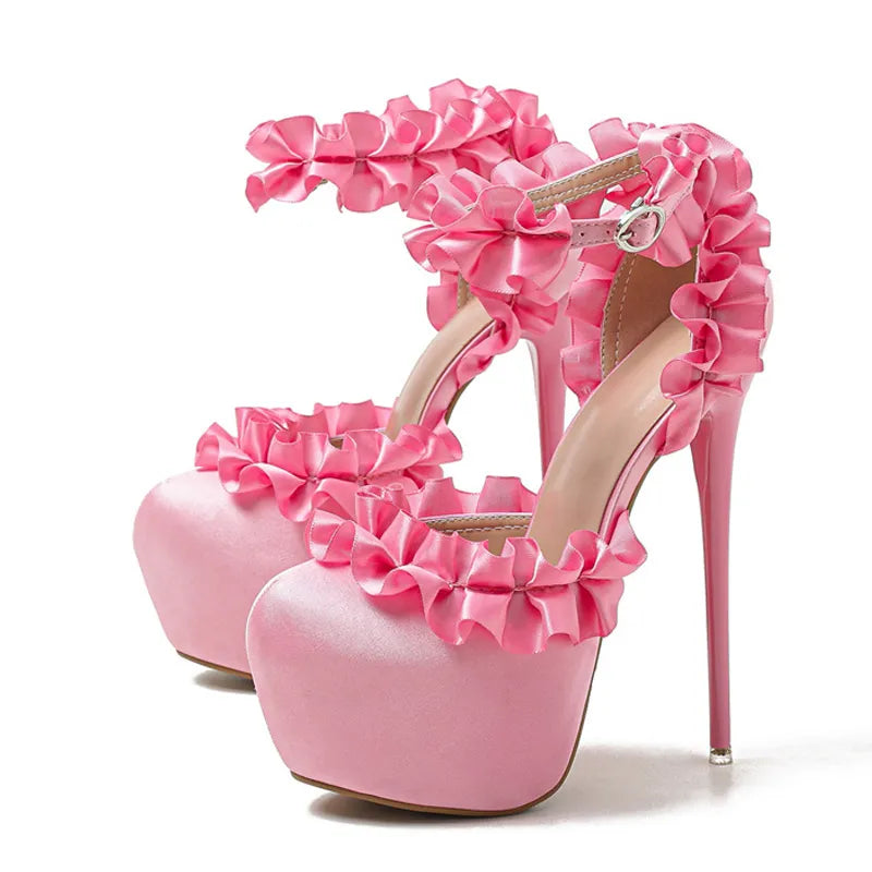 Sissy Ruffled Extreme High Heels Ankle Strap Pumps - Sissy Panty Shop