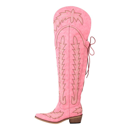 Embroidery Back Lace-up Over The Knee Western Boots