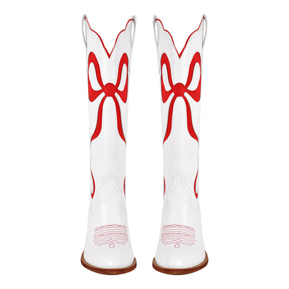 White Pointed Toe Pink Bow Knee High Western Boots