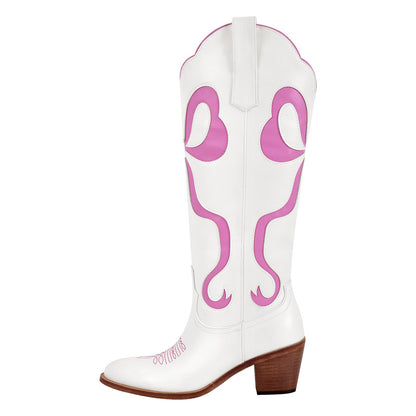 White Pointed Toe Pink Bow Knee High Western Boots