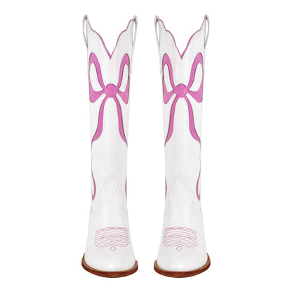 White Pointed Toe Pink Bow Knee High Western Boots