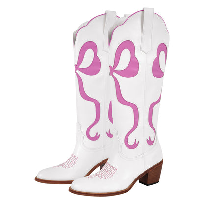 White Pointed Toe Pink Bow Knee High Western Boots