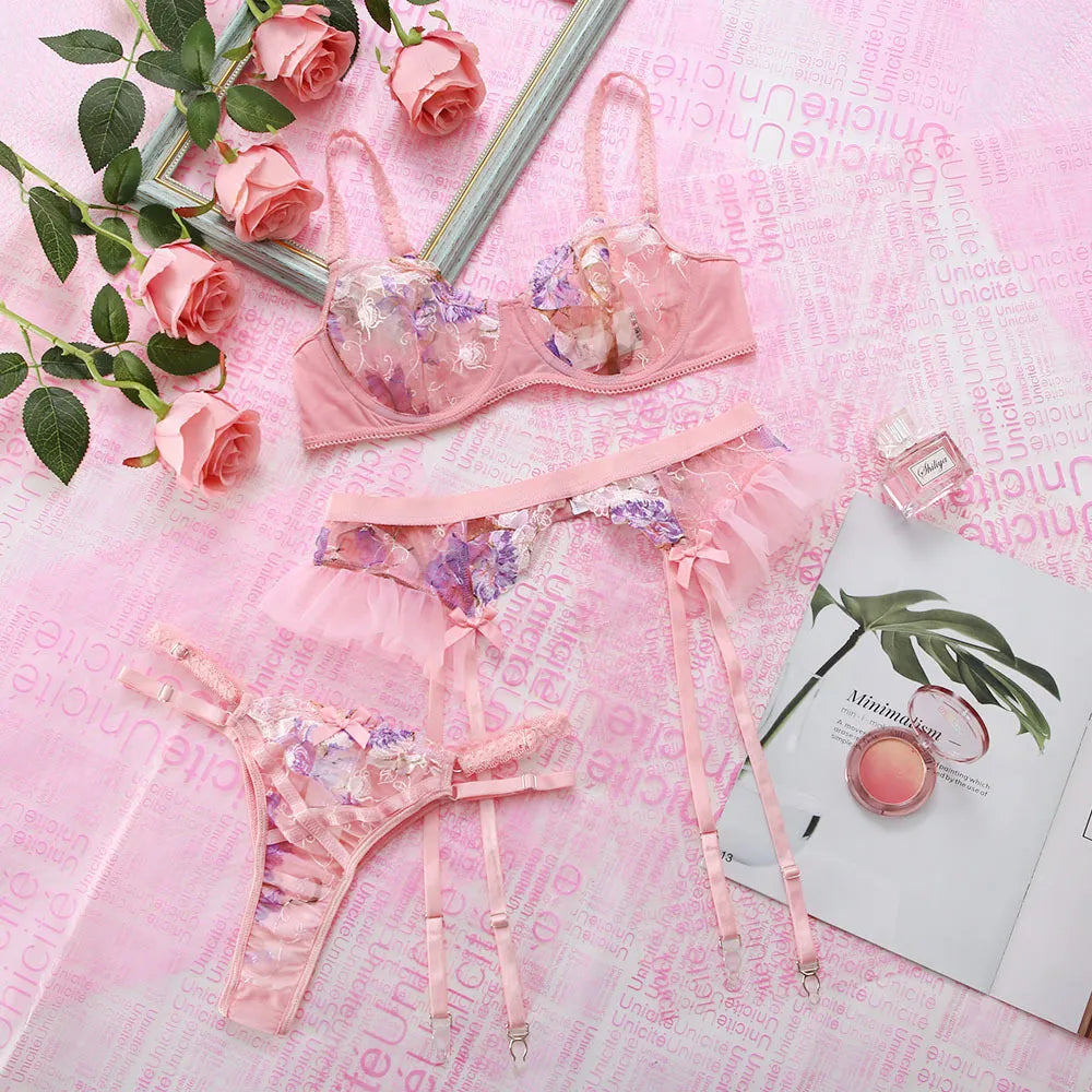 Pink Ruffles Transparent 3-Piece Lingeri Set