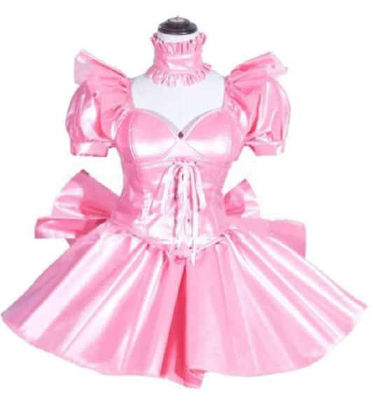 Pink Sissy Maid Girl Lockable Satin Dress