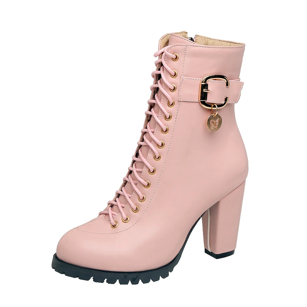 Chic in Pink: Sassy Lace-Up Ankle Boots with Belt Buckle for Feminine Flair - Sissy Panty Shop