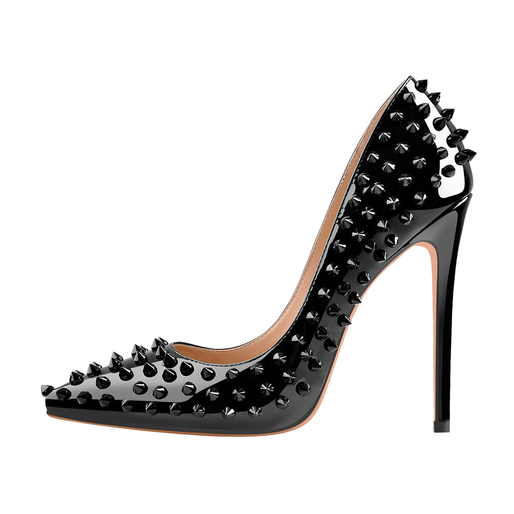 Pointed Toe Rivets Pumps Black Patent Leather Studded High Heels Pumps