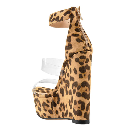 Leopard Suede Platform Transparent Strap Ankle Buckle Strap Wedge High Heels Sandals