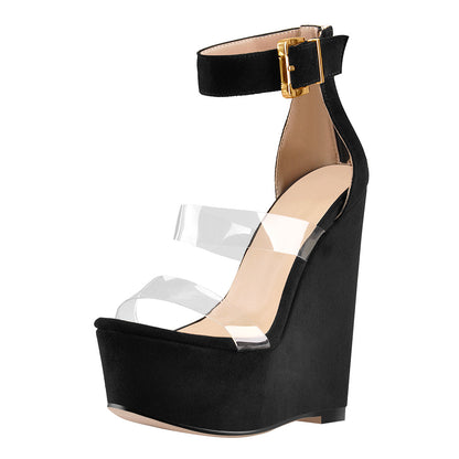 Suede Platform Transparent Strap Ankle Buckle Strap Wedge High Heels Sandals