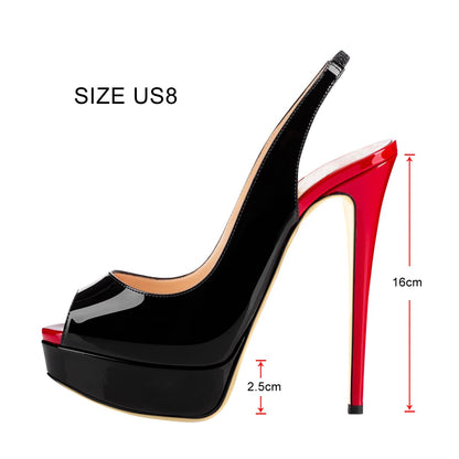 Platform High Heel Peep Toe Black-Red Slingback Sandals