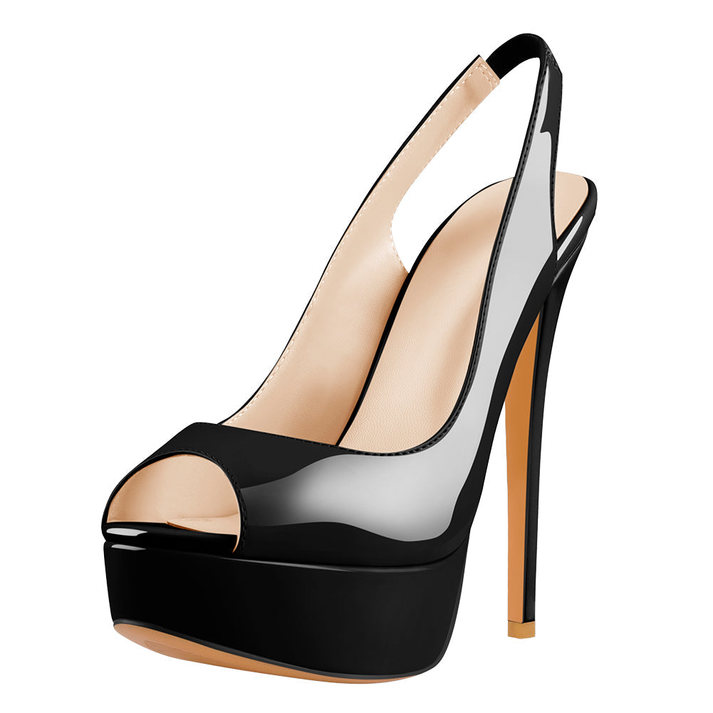 Platform Peep Toe High Heels Black Slingback Sandals