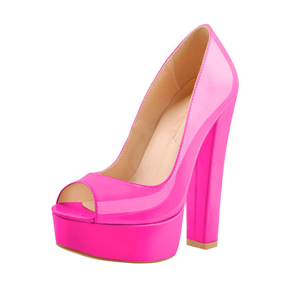 Peep Toe Platform Rose Red Chunky High Heel Pumps