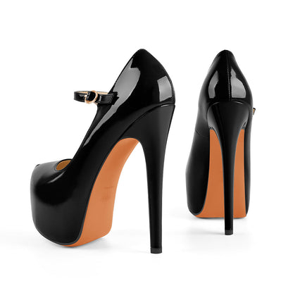 Mary Jane Platform Black Pointed Toe Stiletto High Heels Pumps