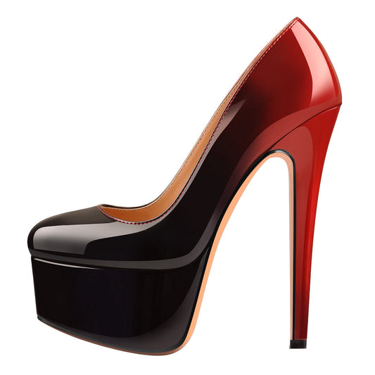 Black Red Gradient Patent Leather Rounde Toe Platform Stiletto High Heels Pumps