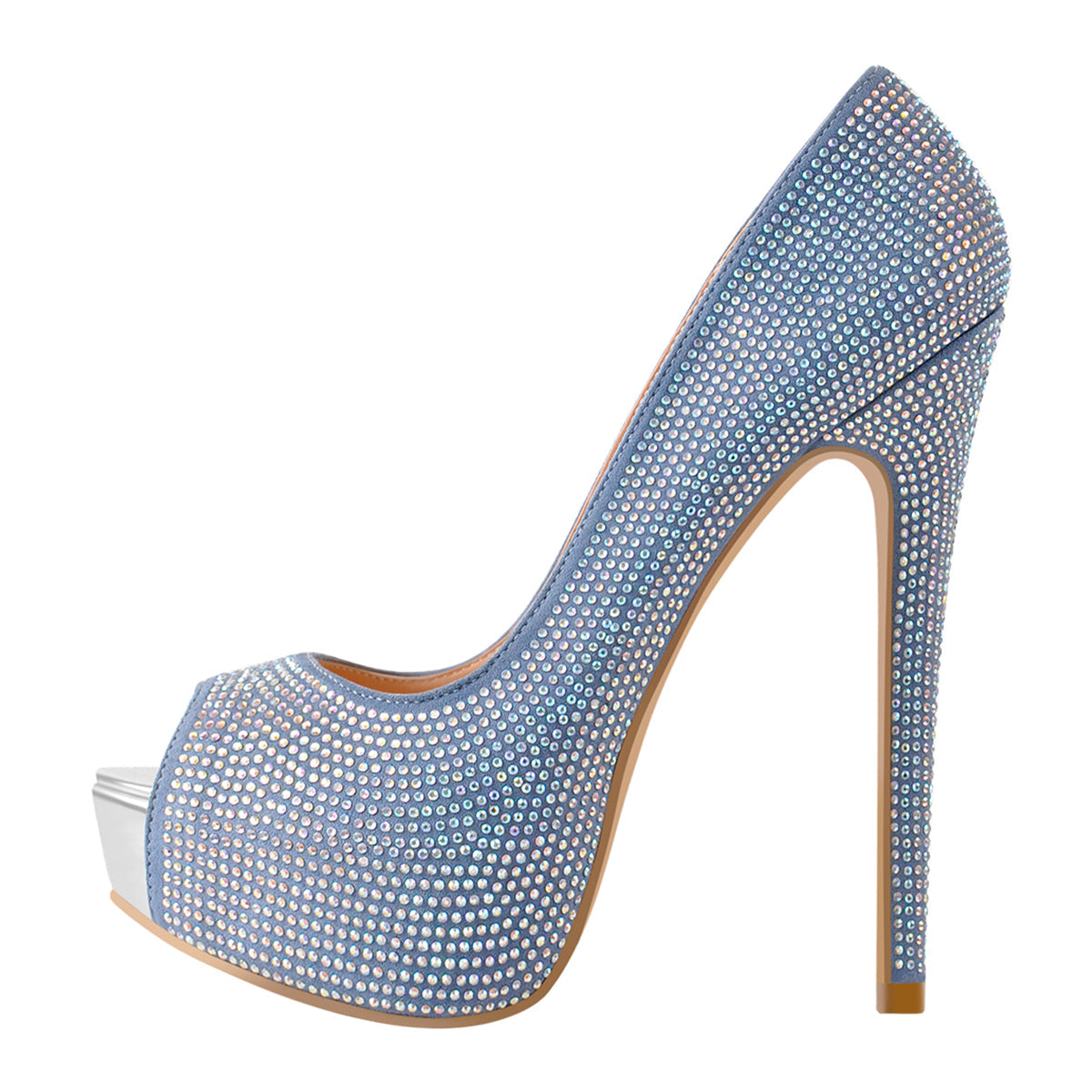 Blue Rhinestone Peep Toe Platform Stiletto High Heel Pumps