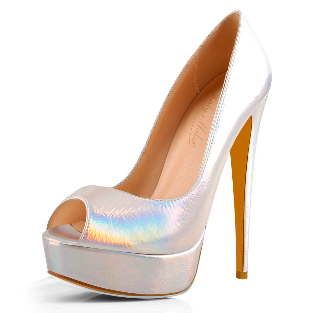 Holographic Peep Toe Stiletto Heel Platform Pumps