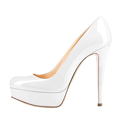 Round Toe Low Platform White Slip On High Heels