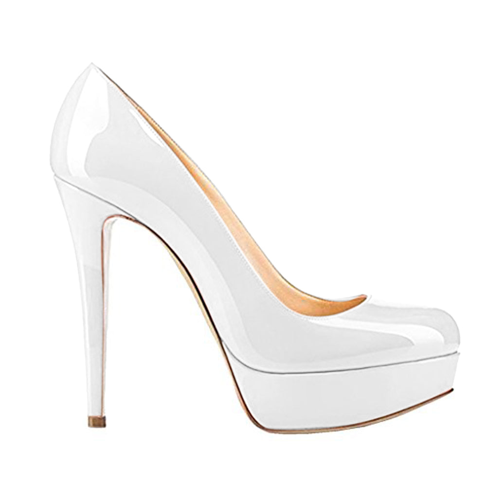 Round Toe Low Platform White Slip On High Heels