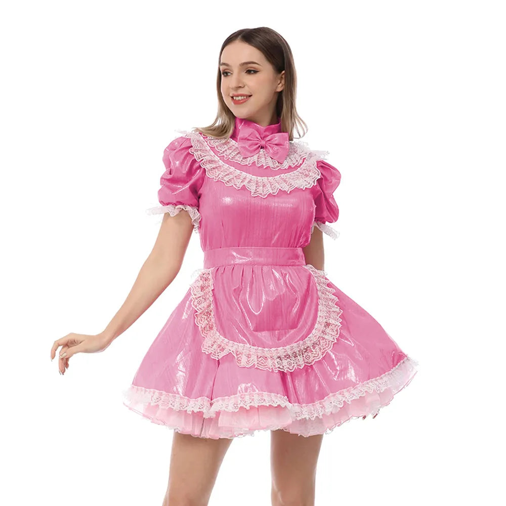 Elegant Sissy Lace Maid Uniform: High Neck, Bow Accent, & Metallic Shine - Perfect for Crossdressing, Up to 7XL