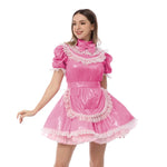 Elegant Sissy Lace Maid Uniform: High Neck, Bow Accent, & Metallic Shine - Perfect for Crossdressing, Up to 7XL - Sissy Panty Shop