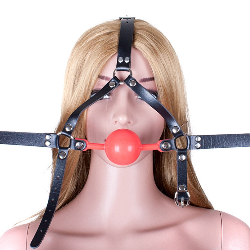 Leather Head Harness Open Mouth Ball Gag - Sissy Panty Shop