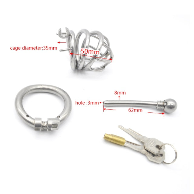 Chastity Cage w/ Catheter, Arc-Shaped Cock Ring & Stealth Lock - Sissy Panty Shop