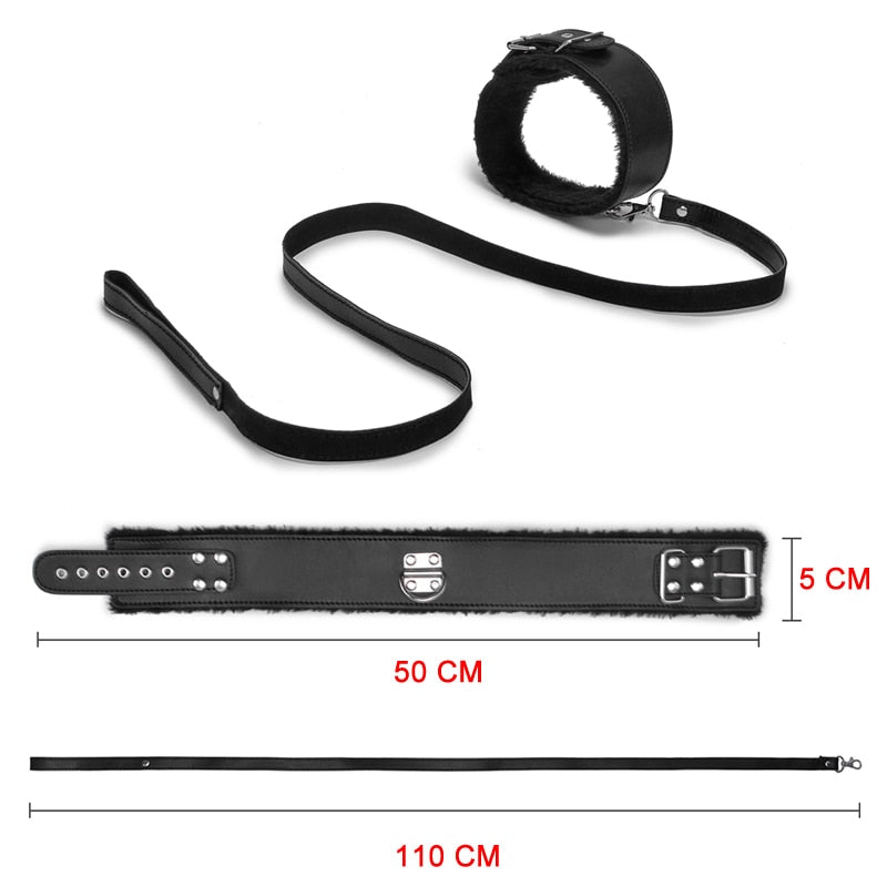 BDSM Leather Plush Collar And Leash - Sissy Panty Shop