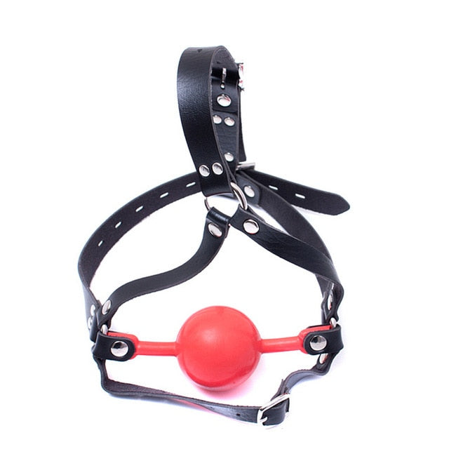Leather Head Harness Open Mouth Ball Gag - Sissy Panty Shop
