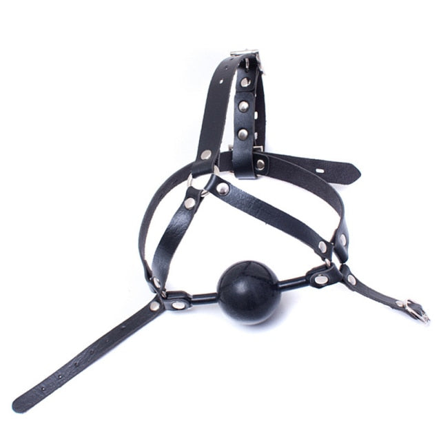 Leather Head Harness Open Mouth Ball Gag - Sissy Panty Shop