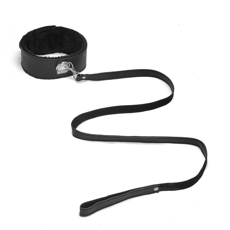 BDSM Leather Plush Collar And Leash - Sissy Panty Shop