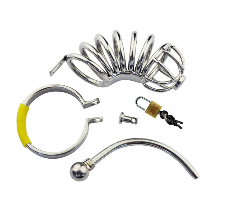 Stainless Steel Metal Male Chastity Device with Urethra Catheter - Sissy Panty Shop