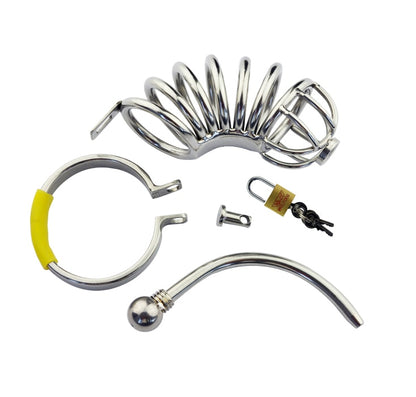 Stainless Steel Metal Male Chastity Device with Urethra Catheter - Sissy Panty Shop