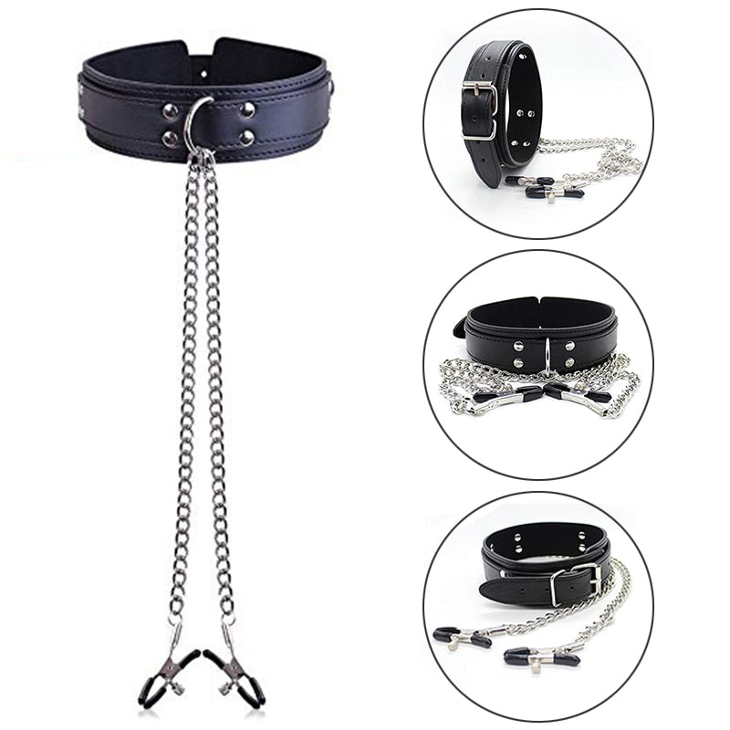 Slave Leather Collar Nipple Clamps - Sissy Panty Shop