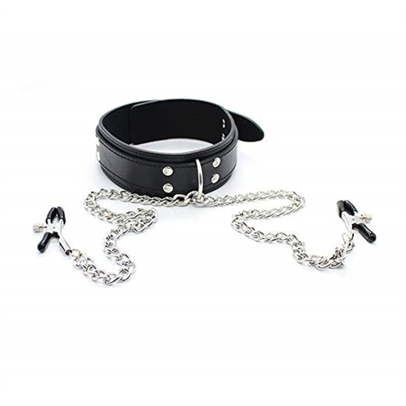 Slave Leather Collar Nipple Clamps - Sissy Panty Shop
