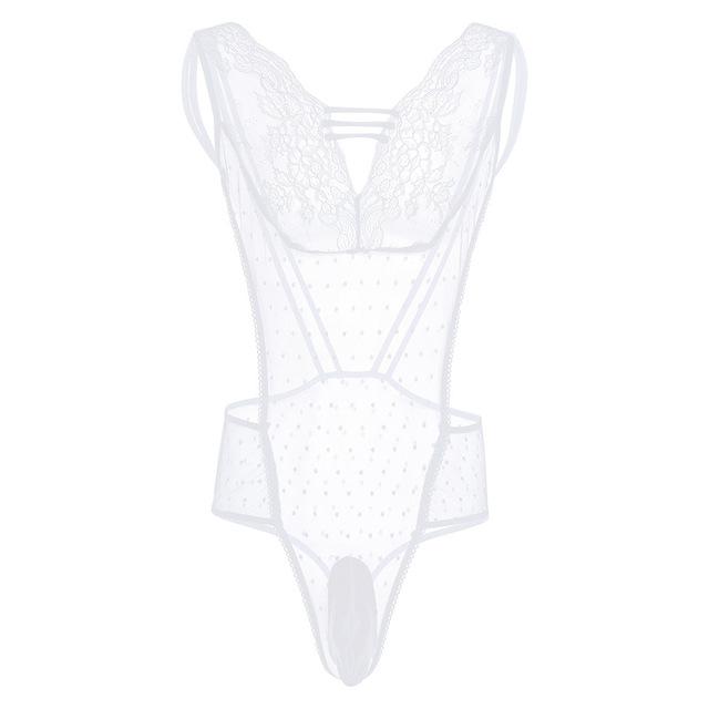 Mesh See Through Deep V-neck Bodysuit - Sissy Panty Shop