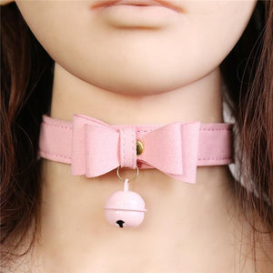 Pink Bow Leather Slave Collar - Sissy Panty Shop