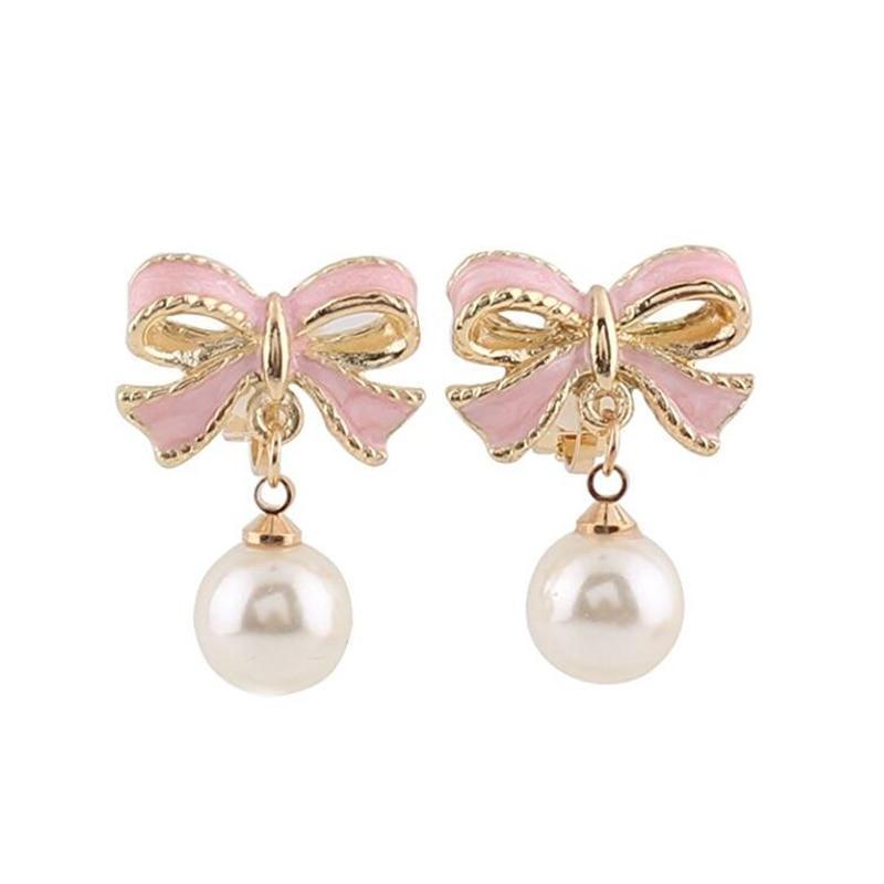 Simulated Pearl Pink Bowknot Clip on Earrings - Sissy Panty Shop