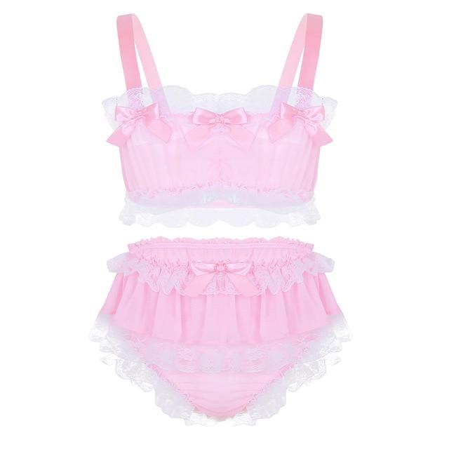 Mens Sissy Lace Lingerie Set Crossdressing Outfits Bra Top with